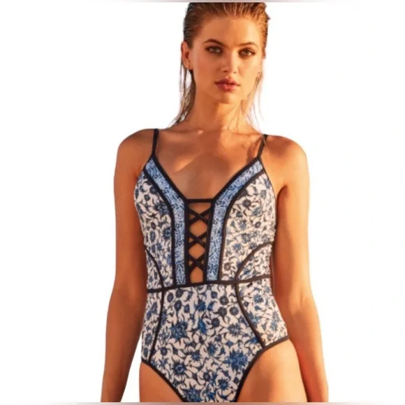 Floral Blue and White One Piece Blue Ruby Swimsuit - Picture 4 of 16